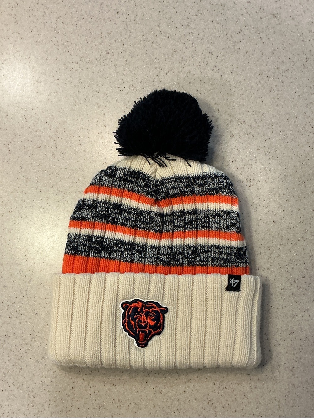 Chicago Bears Knit Pom Beanie - Cream, Navy & Orange
